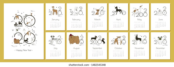 Monthly Creative Calendar 2020 with dog breeds for dog breeders and dog lovers. Concept, vector editable template. Minimal, memphis style, sketch, drawing. Isolated A4 pages. Vector illustration