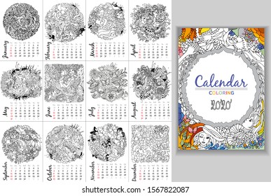Monthly creative calendar 2020 Week Starts Sunday. Set of floral decorative element. Black and white vector illustration for coloring pages or other.