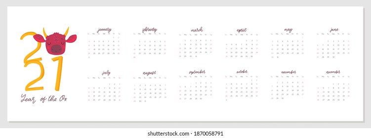 Monthly creative calendar 2021 cute hand drawn ox. Concept, vector vertical editable template. Symbol of the year in the Chinese calendar. Cartoon. Isolated. Vector illustration. Vector A4