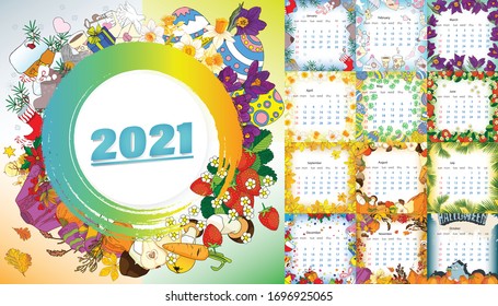 Monthly creative calendar for 2021. With the design of the attributes of the seasons. Vector editable template.