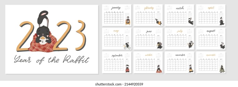 Monthly creative calendar 2023 cute hand drawn rabbit.  Concept, vector vertical editable template. Symbol of the year in the Chinese calendar. Cartoon. Isolated. Vector illustration. Vector A4 