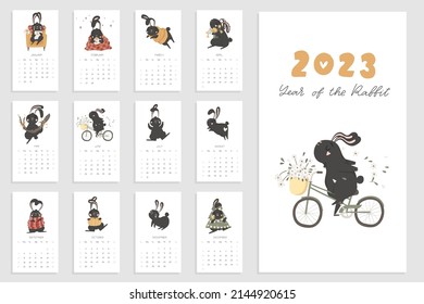 Monthly creative calendar 2023 cute hand drawn rabbit.  Concept, vector vertical editable template. Symbol of the year in the Chinese calendar. Cartoon. Isolated. Vector illustration. Vector A4 