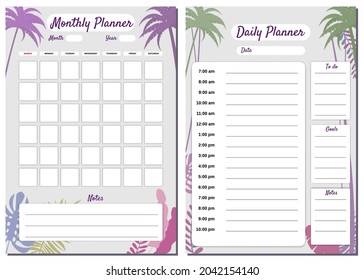 Monthly, Daily Planner Set template vector. Palms floral decoration background, schedule, To Do list, goals, notes. Business notebook management, organizer