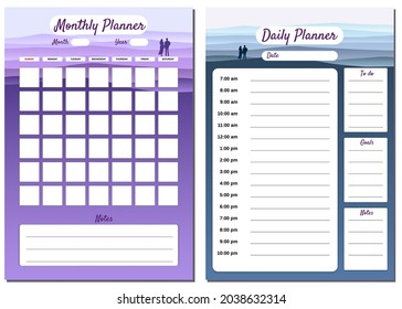Monthly, Daily Planner template vector. Minimal landscape with couple background, To Do list, goals, notes. Business notebook management, organizer