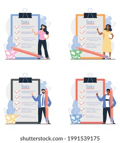 Monthly, daily planning, scheduling, time management. Set of diverse tiny male, female characters standing next to large to do lists. Plan fulfilled, task completed concept. Flat vector illustration