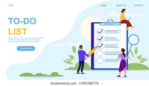 Monthly and daily planning. Tiny people standing near giant to do list. Plan fulfilled, task completed. Time management concept. Webpage template. Vector illustration