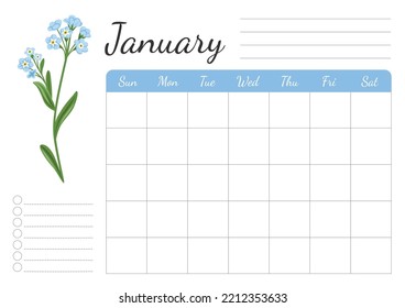 Monthly daily weekly january planner. A4 horizontal page with floral design. Organizer, schedule with place for notes; goals, to do list. Forget-me-not, scorpion grasses wild flower.