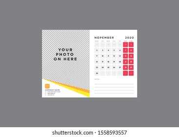 Monthly Desk Calendar 2020 Template with Photo placeholder. Week start monday corporate design planner template.