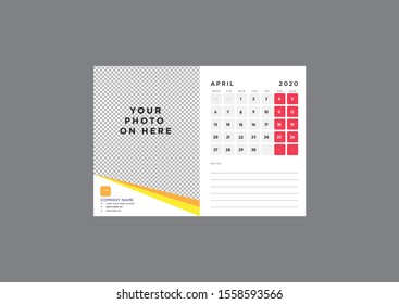 Monthly Desk Calendar 2020 Template with Photo placeholder. Week start monday corporate design planner template.