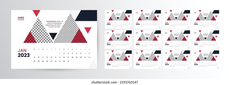 Monthly Desk Calendar for the 2023 Year Template Vector Design, Week starts on Monday, Template for Annual Calendar 2023 with Geometric Shapes, Table Calendar Layout with Triangle Vector Background