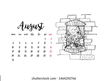 Monthly desk calendar horizontal template 2020 for month August. Week starts Monday