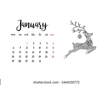 Monthly desk calendar horizontal template 2020 for month January. Week starts Monday
