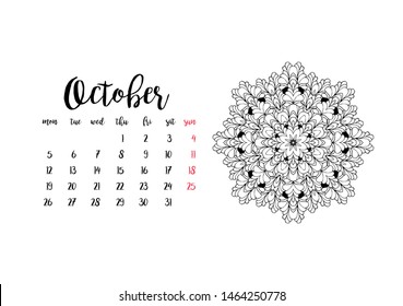 Monthly desk calendar horizontal template 2020 for month October. Week starts Monday