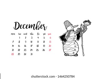 Monthly desk calendar horizontal template 2020 for month December. Week starts Monday