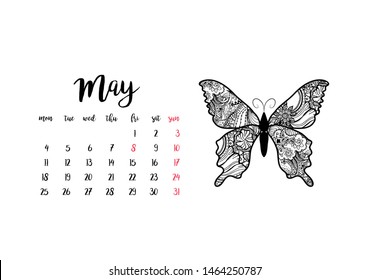 Monthly desk calendar horizontal template 2020 for month May. Week starts Monday