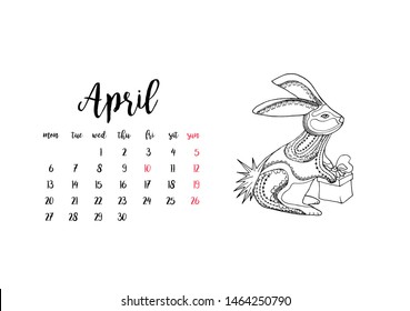 Monthly desk calendar horizontal template 2020 for month April. Week starts Monday