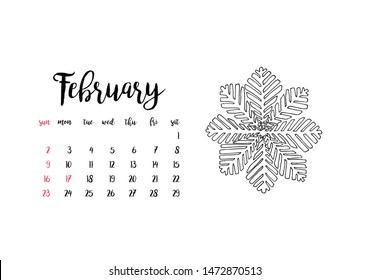 Monthly desk calendar horizontal template 2020 for month February. Week starts Sunday