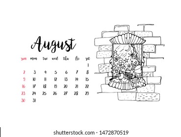 Monthly desk calendar horizontal template 2020 for month August. Week starts Sunday