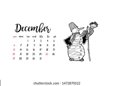 Monthly desk calendar horizontal template 2020 for month December. Week starts Sunday