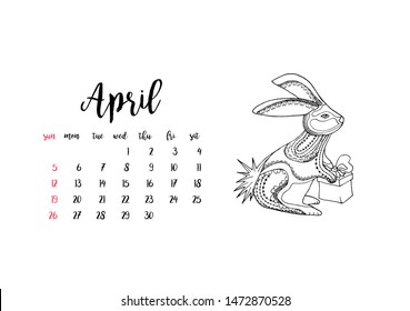 Monthly desk calendar horizontal template 2020 for month April. Week starts Sunday