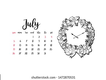 Monthly desk calendar horizontal template 2020 for month July. Week starts Sunday