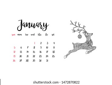 Monthly desk calendar horizontal template 2020 for month January. Week starts Sunday