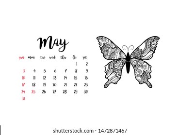 Monthly desk calendar horizontal template 2020 for month May. Week starts Sunday
