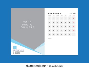 Monthly Desk Calendar with photo place holder and notes space. Weekday start from Monday. 