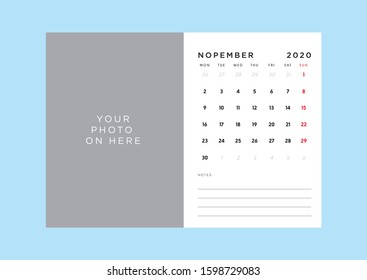 Monthly Desk Calendar With Photo Place Holder And Notes Space. Weekday Start From Monday. 