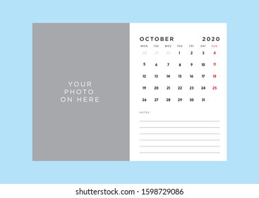 Monthly Desk Calendar With Photo Place Holder And Notes Space. Weekday Start From Monday. 