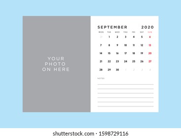 Monthly Desk Calendar With Photo Place Holder And Notes Space. Weekday Start From Monday. 