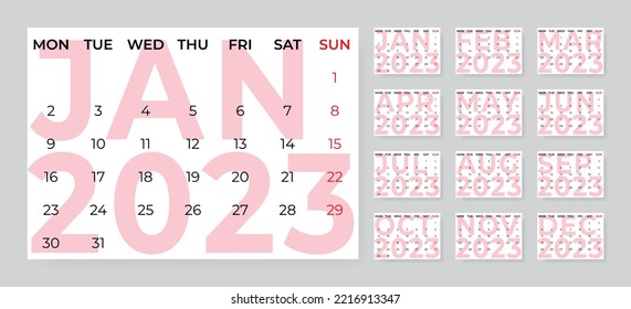 Monthly desk calendar template for 2023 year. Week starts on Monday