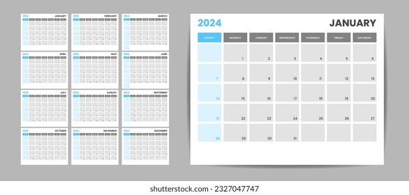 Monthly desk calendar template for 2024 year. Week Starts on Sunday. Wall calendar 2024 in a minimalist style, Set of 12 months, Planner, printing template, office organizer vector.