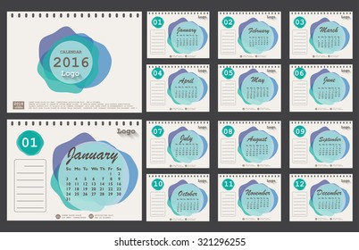 Monthly desk calendar for year 2016 with blank space for your note. blue watercolor design. Week Starts Monday. Simple Template. vector illustration