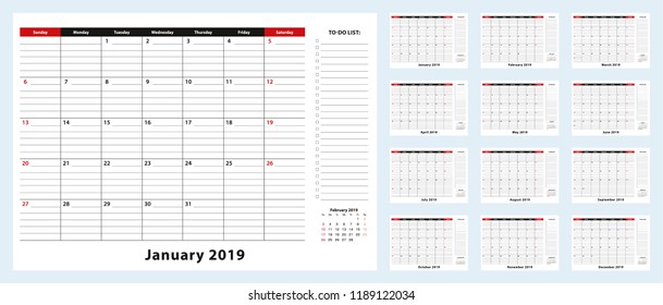 Monthly Desk Pad Calendar, January 2019 - December 2019. Calendar planner with to-do list and place for notes.