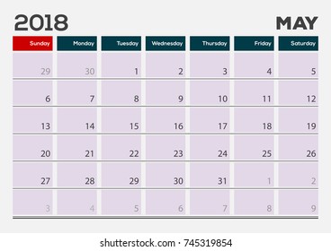 Monthly Desk Pad Calendar template, May 2018. Vector illustration