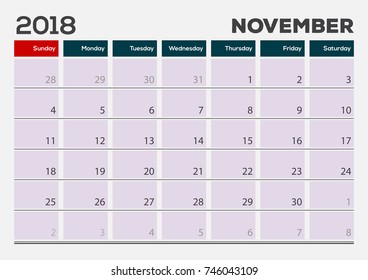 Monthly Desk Pad Calendar template, November 2018. Vector illustration