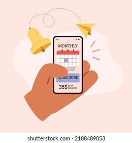 Monthly Digital Product Or Application Subscription Concept With Hand Holding Smartphone With Users Tariff Plan, Flat Vector Illustration Isolated On Background.