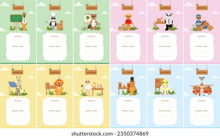 Monthly to do list social media story template collection for kids. To do list or planner social media vectors with professions cute animal illustrations. Colorful background, useful for children. 