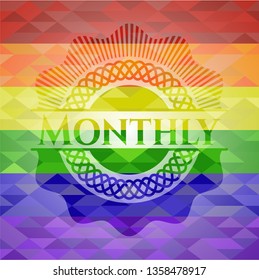 Monthly emblem on mosaic background with the colors of the LGBT flag