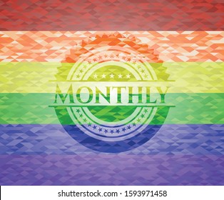 Monthly emblem on mosaic background with the colors of the LGBT flag
