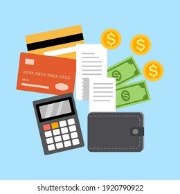 Monthly expense planning. Calculate payment. Payday deadline. Credit card, receipt, calculator, wallet, dollar coins and banknotes in flat design.