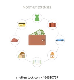 Monthly expenses background. Personal finance concept. Saving the family budget. Vector illustration flat style. 