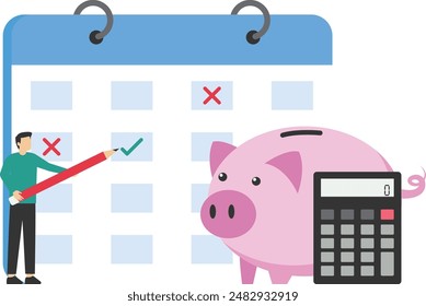 Monthly expenses or budget, savings or investment plan, money management or credit card payments, expenses to pay bills, a smart woman planning her monthly budget with the calendar and piggy bank.