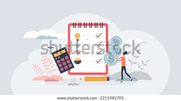 Monthly expenses calculation with bills payment\
sum tiny person concept. Budget management with financial tax,\
electricity, community expenses and food vector illustration.\
Personal accounting\
check.