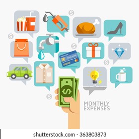 Monthly expenses conceptual flat style. Vector illustration. Can be used for workflow layout template, banner, diagram, number options, web design, infographics, timeline.