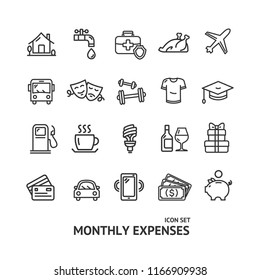 Monthly Expenses Signs Black Thin Line Icon Set Include of Health, Travel and Car. Vector illustration of Icons