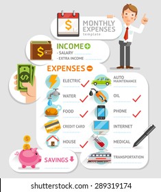 Monthly expenses template. Vector illustration. Can be used for workflow layout, banner, diagram, number options, web design, infographics, timeline.