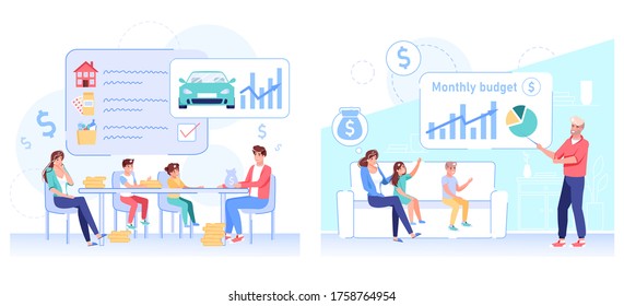 Monthly Family Budget Set. Financial Economy Strategy Planning. Father, Mother, Children Accounting Money Profit, Analyzing Income, Discussing Expenses, Targeting Money Saving For Dream Purchase