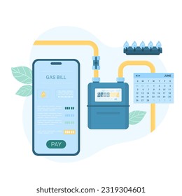 Monthly gas payment online vector illustration. Cartoon isolated mobile phone with app for paying utility bills for gas, meter with readings and stove burner, calendar for month with date to pay